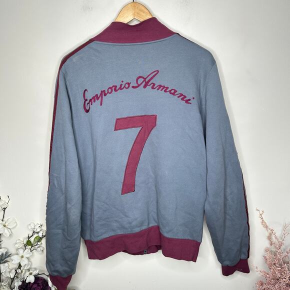 EMPORIO ARMANI Reversible Bomber Jacket Satin Gray Maroon Sz L $995 - Picture 3 of 7